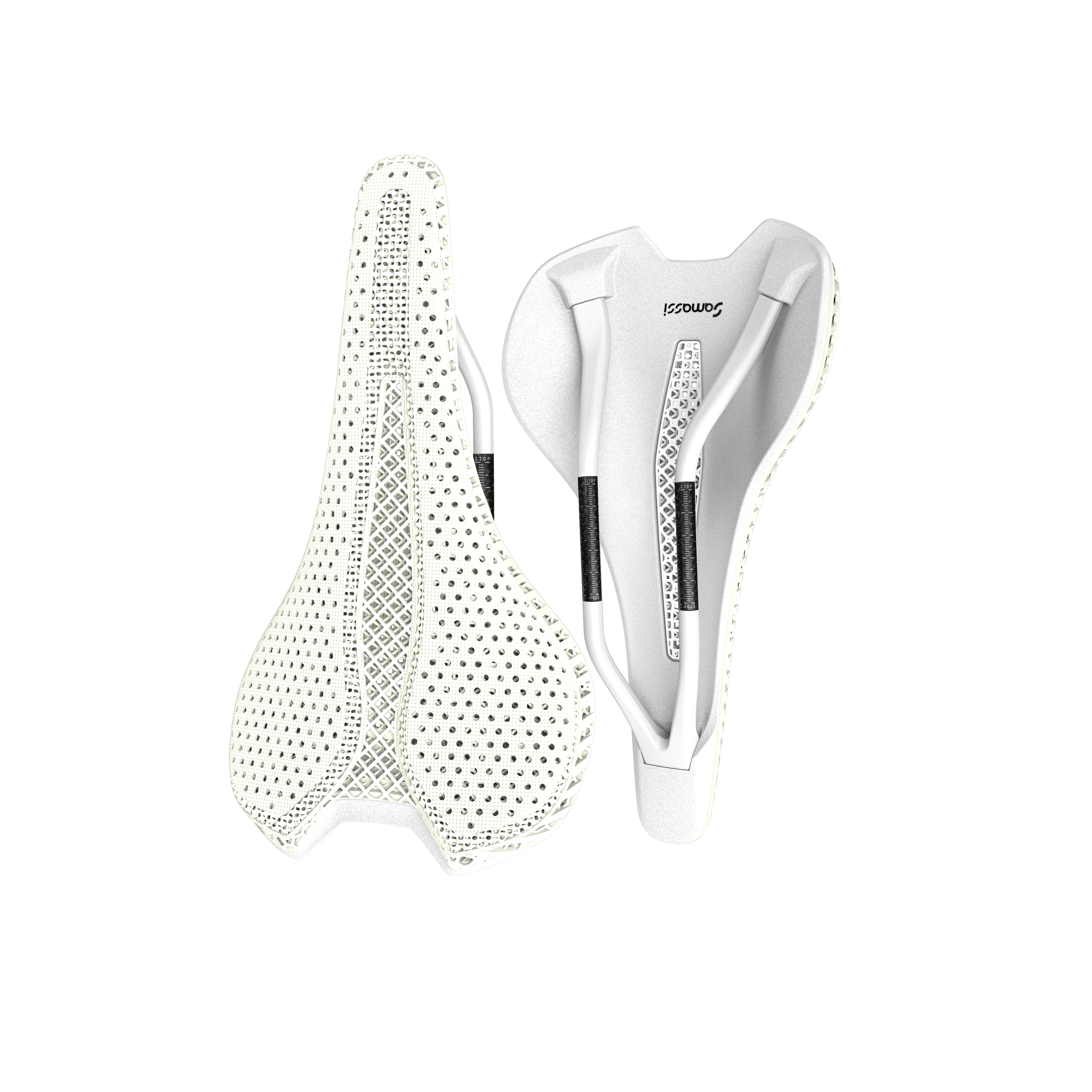 Samassi 3D Printed Bike Saddle in white showcasing advanced carbon fiber and nano PU printing technology.